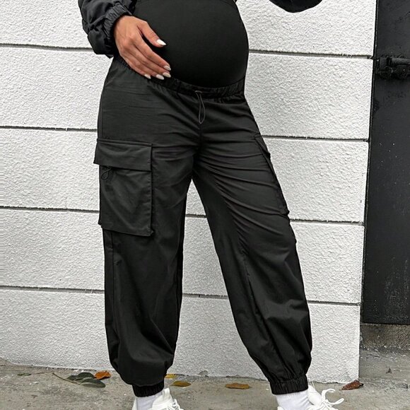 Black Casual Womens Maternity Flap Pocket Side Adjustable Waist Cargo Pants - Picture 6 of 6
